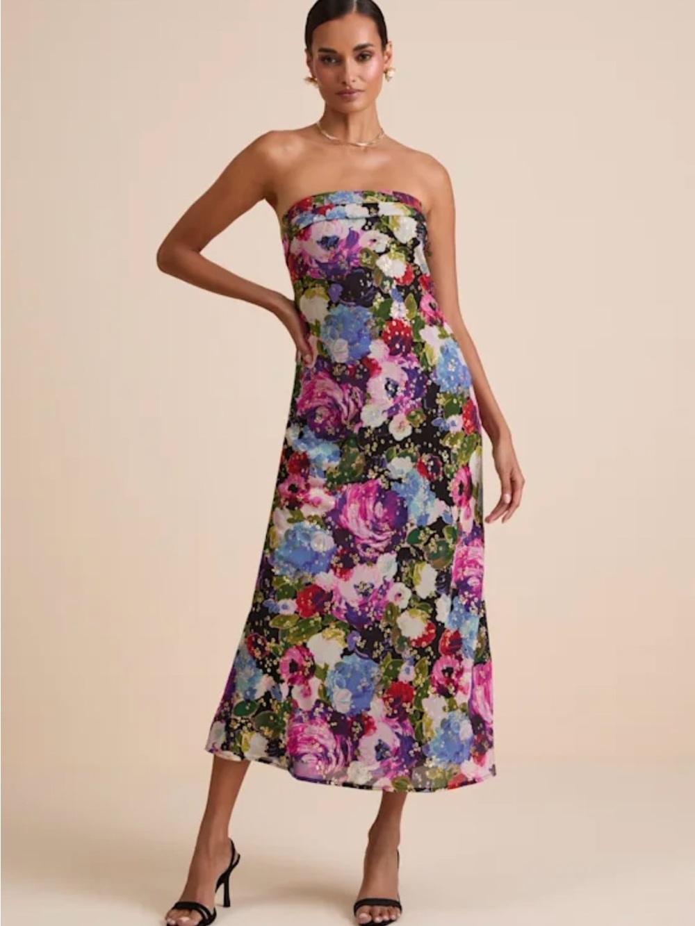 Lulu's Strapless Floral Midi Dress in Pink, Blue & Green - Picture 1 of 5